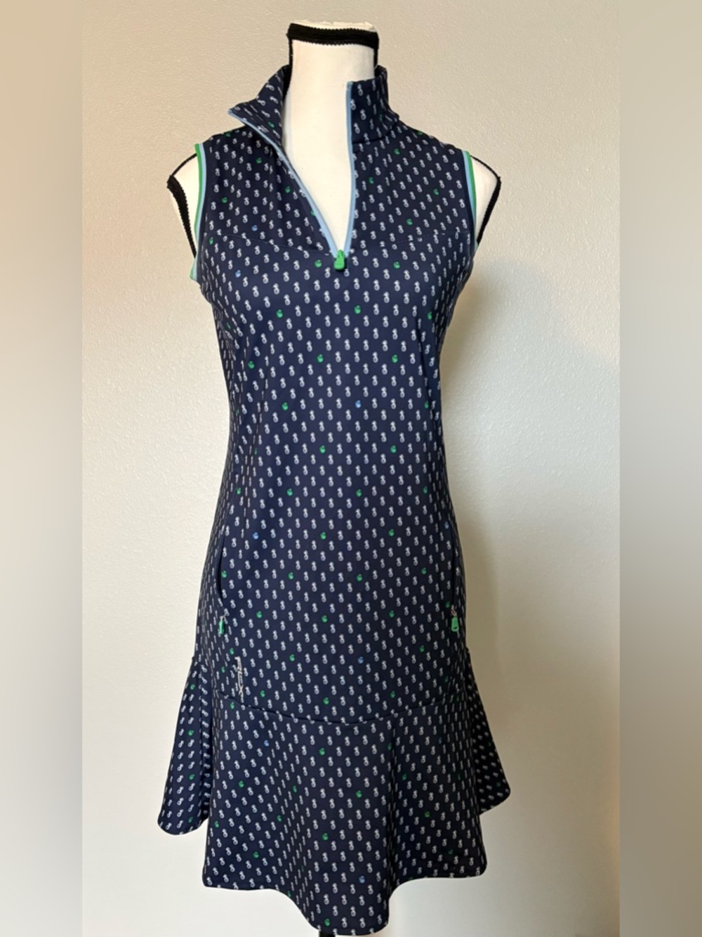 Ralph Lauren RLX Navy Dress with White Pineapple Print and Green Trim